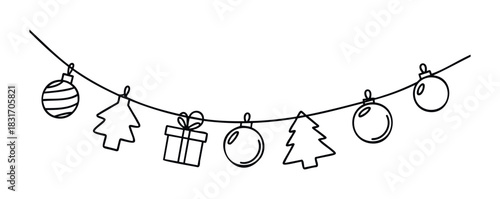 Festive string of holiday ornaments including Christmas trees, baubles and gift boxes, perfect for seasonal decorations and winter celebrations.