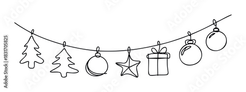 Festive holiday garland with Christmas tree ornaments, stars, and gift boxes strung along a wire for seasonal decoration and celebration projects