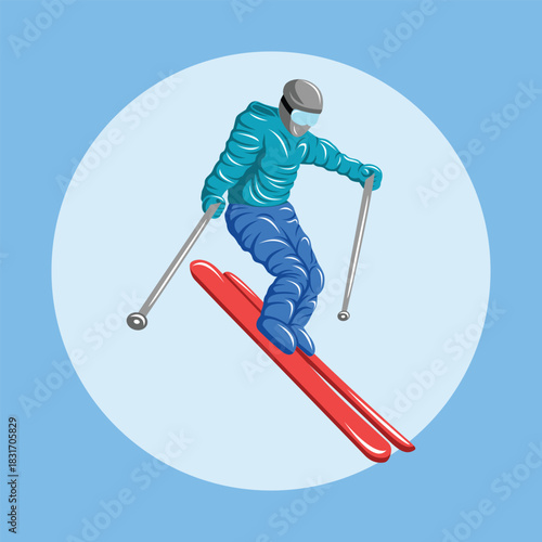 Ski athlete extreme winter snow sport player colorful vector in dynamic pose 