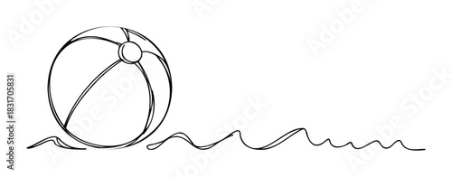 Minimalist line drawing of a beach ball with flowing wavy lines suggesting movement, perfect for summer vacation themes and playful graphics.