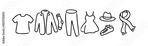 Collection of everyday clothing items and accessories including tshirt, jacket, pants, dress, hat, and shoes, perfect for fashion and lifestyle concepts.