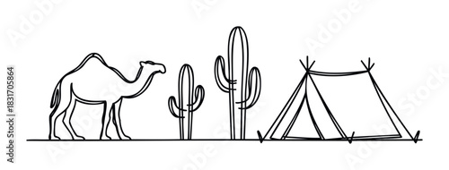 Desert camping scene with a camel, cacti, and a tent in a simple line drawing style for travel and adventure themes.