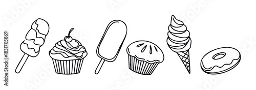 Collection of simple line drawings of popular sweet treats like ice cream, cupcakes, and donuts, perfect for graphic design and confectionary branding.