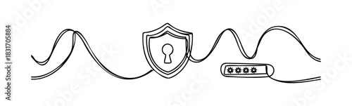 Cybersecurity concept of a shield with a keyhole symbol and password entry, symbolizing online security and data protection for digital safety in technology and networks.