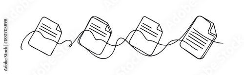 Conceptual continuous line drawing of four documents or papers interconnected by a flowing wavy line, representing data flow or connected information for business presentations and study