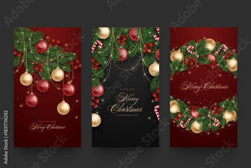 Elegant corporate holiday cards featuring Christmas trees, reindeer, birds, and ornate floral frames. Includes decorative backgrounds and generous copy space—perfect for graphic design, web layouts, s