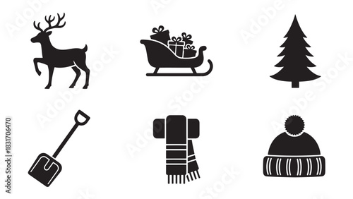 Collection of six christmas themed winter icons including a reindeer sleigh tree shovel scarf and hat silhouette isolated on white background