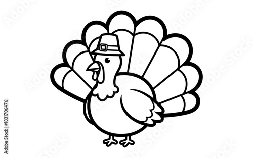 Thanksgiving turkey in pilgrim hat line art for kids coloring activities