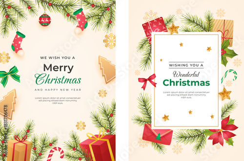 Elegant corporate holiday cards featuring Christmas trees, reindeer, birds, and ornate floral frames. Includes decorative backgrounds and generous copy space—perfect for graphic design, web layouts, s