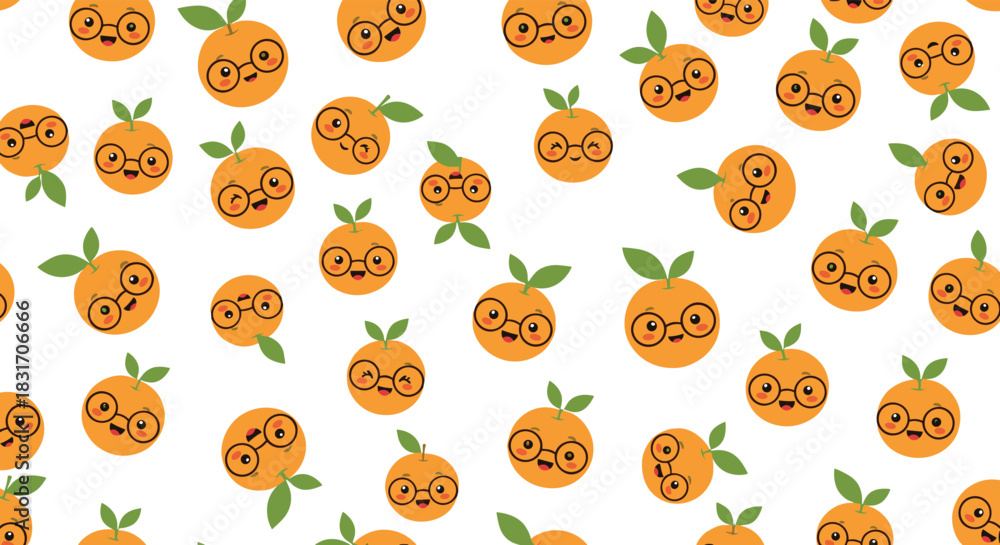 Obraz premium A pattern of cute cartoon oranges wearing glasses and smiling.
