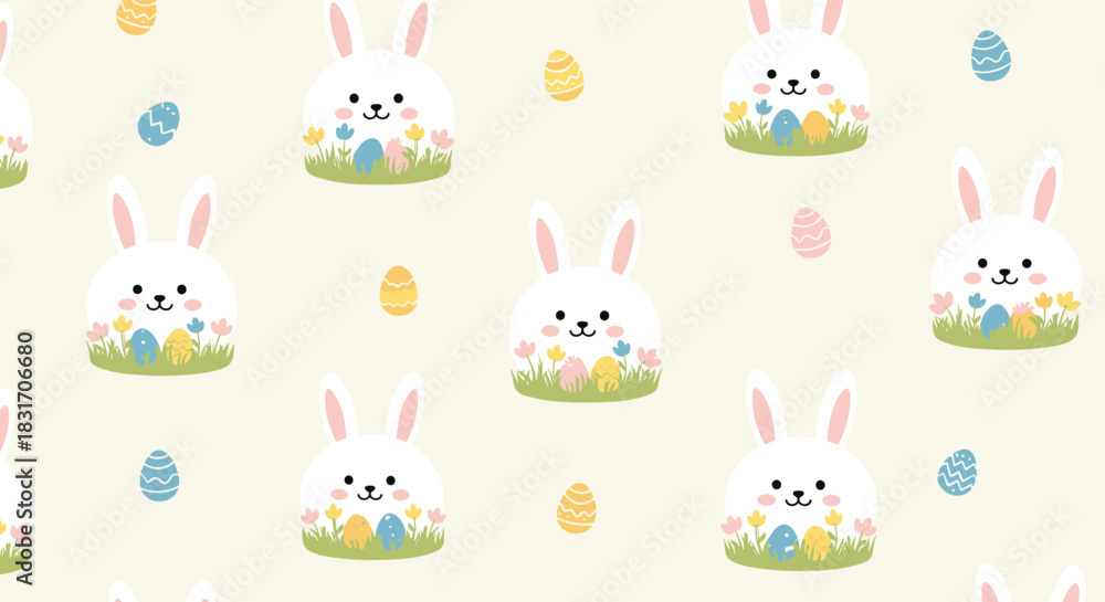 Fototapeta premium Cute white bunnies celebrating spring with colorful easter eggs and blooming flowers in a joyful pattern.