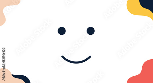 Simple and happy smiling face illustration with colorful abstract shapes in the background.