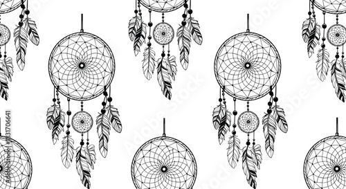 A delicate and intricate sketch of dream catchers adorned with feathers arranged in a seamless repeating pattern.