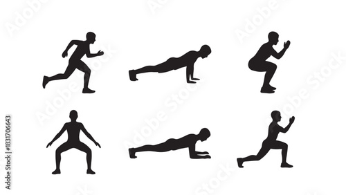 Collection of male fitness silhouette poses showing exercise movements isolated on white background