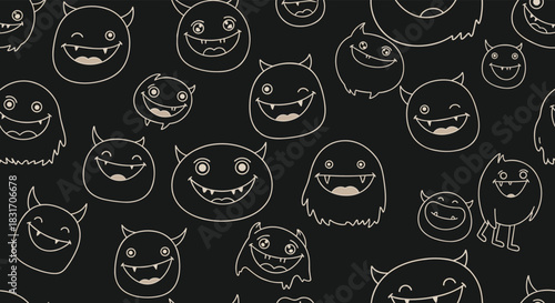 A repeating pattern of cute cartoon monsters with big smiles and sharp teeth drawn in white outlines on a black background.