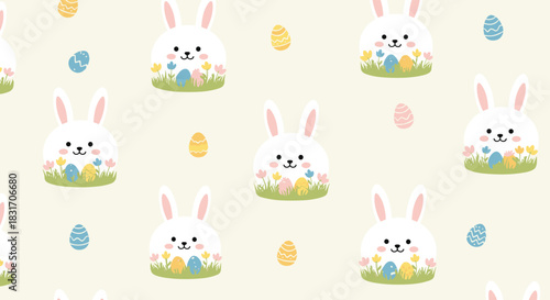 Cute white bunnies celebrating spring with colorful easter eggs and blooming flowers in a joyful pattern.