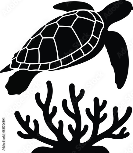 Black silhouette vector of a sea turtle swimming above coral. Minimalist flat illustration with solid fill on a pure white background, high contrast marine life art