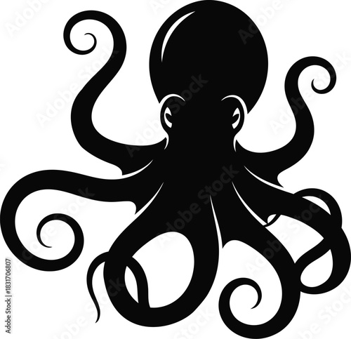 Black octopus silhouette, minimalist flat vector illustration. Elegant marine creature with eight swirling tentacles, solid black fill, high-contrast white background. Perfect for graphic design