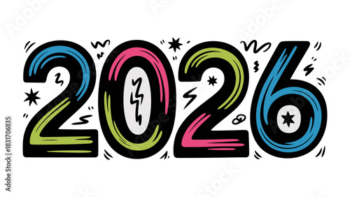 2026: A vibrant and creatively designed illustration featuring the year 2026, set against a simple and clean backdrop, perfect for themes of future planning, new year, and forward-looking concepts.