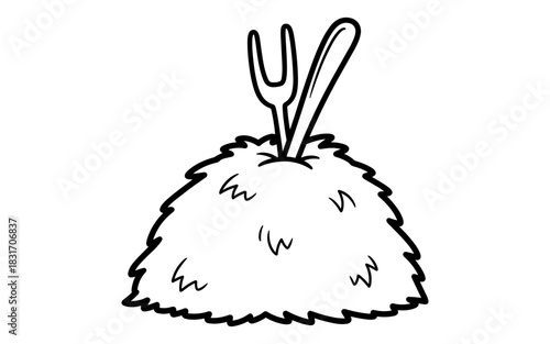 Simple outline of pitchfork in haystack – agricultural black and white artwork