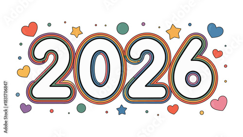 New Year 2026 Celebration: A vibrant, colorful display of the year 2026, adorned with festive hearts, stars, and playful designs, celebrating the upcoming year with joy and optimism.