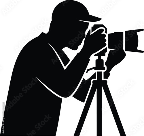 High contrast minimalist vector silhouette depicting a photographer skillfully operating a camera mounted on a tripod, featuring a solid black fill on a crisp white background