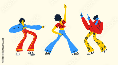 A vibrant and energetic set of vector illustrations featuring groovy disco dancers rocking colorful bell-bottoms and vintage fashion in classic poses.
