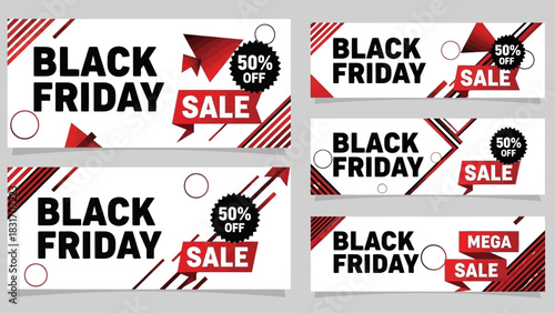 Exciting Black Friday Sale Banners Featuring Bold Red and Black Designs with 50% Off Deals for Holiday Shopping Promotions, Ready for Commercial Use