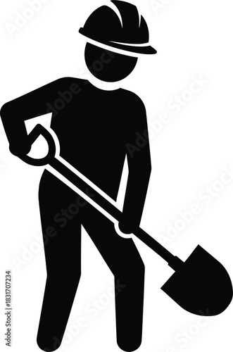 Minimalist vector silhouette of a construction worker wearing a hard hat, actively digging with a shovel. This high-contrast black graphic embodies manual labor and industrial work
