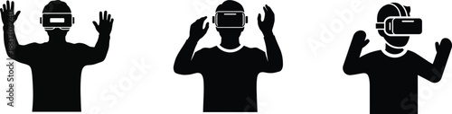 Collection of minimalist vector silhouettes depicting individuals experiencing virtual reality technology, showcasing interaction and immersion in a digital world