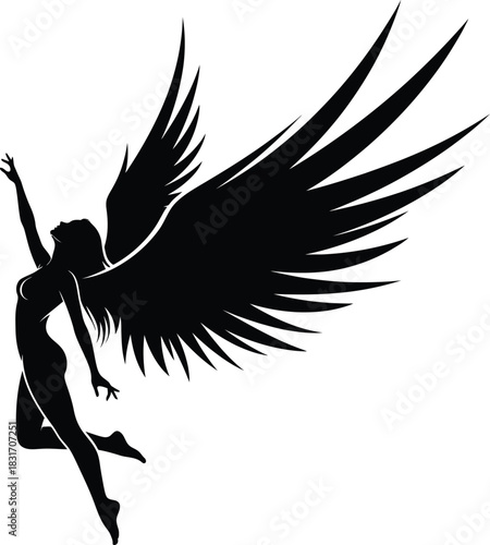 Graceful black silhouette of a female angel with large pointed wings in a dynamic ascending pose.