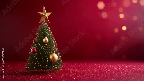 Decorated Christmas Tree With Golden Star And Ornaments On Red Background With Bokeh Lights