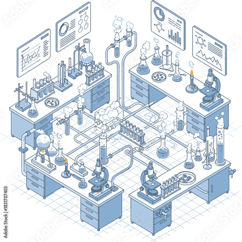 Detailed isometric illustration of an active science laboratory with interconnected chemical equipment and data screens.