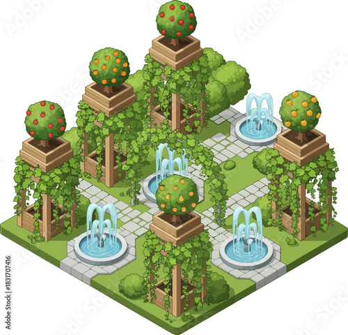 Symmetrical isometric cartoon garden featuring fountains, potted trees, and lush green vines.