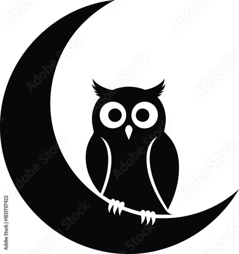 Minimalist black silhouette illustration of an elegant owl sitting serenely on a crescent moon, symbolizing night, knowledge, and nocturnal mystique, perfect for graphic design projects
