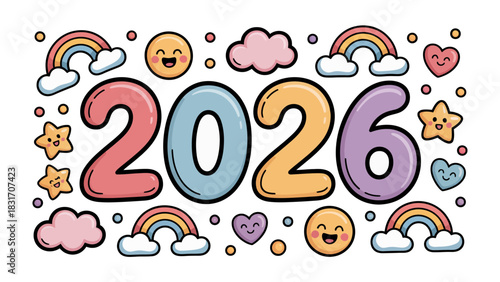Cheerful 2026: A vibrant and playful illustration of the year 2026, surrounded by colorful rainbows, smiling suns, and other cheerful elements, evoking feelings of joy and optimism for the future.