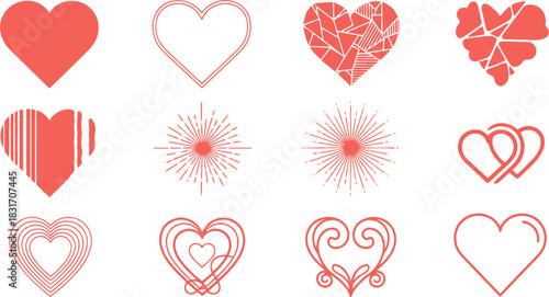 Collection of diverse coral red heart vector icons and geometric starburst symbols for design.