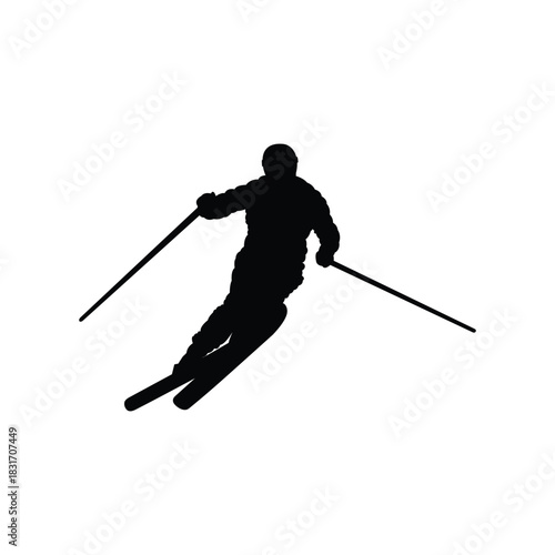 Ski athlete extreme winter snow sport player silhouette black and white vector in dynamic pose