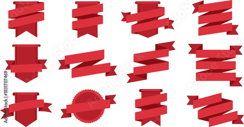 Collection of various red retro curved ribbon banners and label scrolls isolated on white.