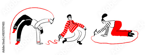 A trendy vector set featuring stylized people in dynamic poses actively drawing lines and shapes with pens and pencils, perfect for art creative workshop promotion, and abstract design concepts.