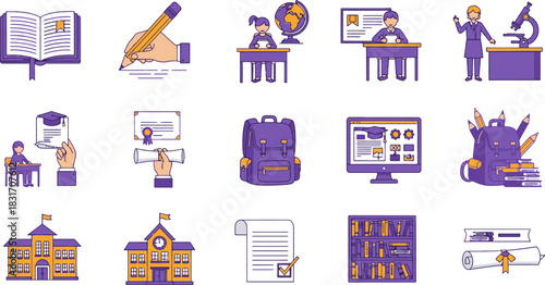Comprehensive collection of academic and school-related flat line icons in purple and yellow on white background.