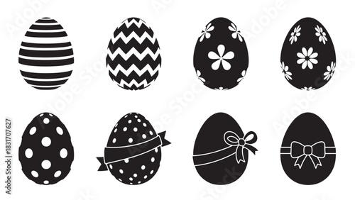 Collection of eight decorative easter egg silhouettes with various patterns isolated on white background