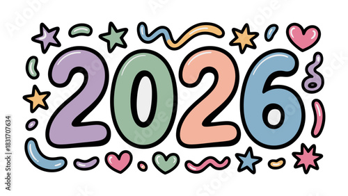 2026: A playful doodle design anticipates the year 2026, filled with hearts, stars and joyful swirls. 