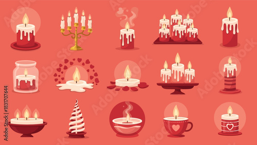Collection of burning decorative wax candles in various shapes against a vibrant red background vector illustration.