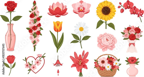 A vibrant collection of flat vector illustrations showing various flowers, bouquets, and floral arrangements.