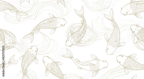 Elegant and Minimalistic Fish Pattern Illustration with flowing water motifs