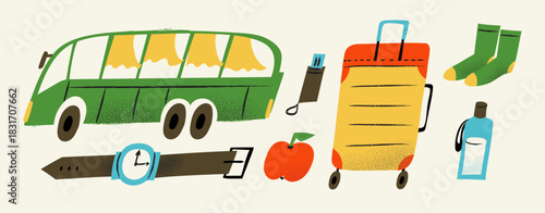 A charming and naive vector illustration set featuring essential travel items like a quirky bus, colorful luggage, and a watch. Perfect for children's books, travel blogs, and family vacation planning