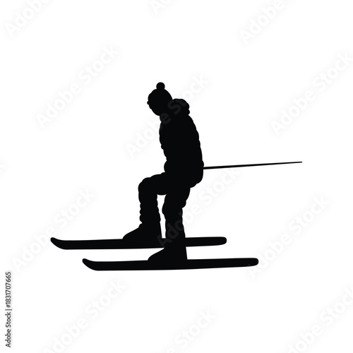 Ski athlete extreme winter snow sport player silhouette black and white vector in dynamic pose