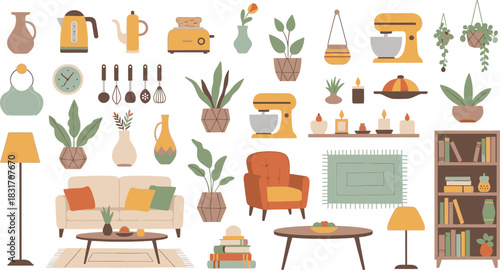 Modern illustration set featuring stylish domestic furniture, kitchen appliances, and abundant potted houseplants.