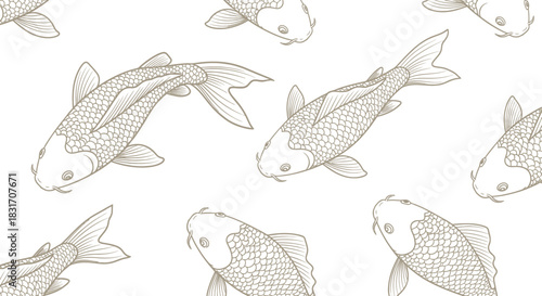 Elegant Seamless Pattern Featuring Line Art of Koi Fish for Decorative Designs
